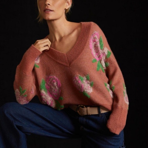 ✨ Anthropologie Drop Shoulder V-Neck Sweater Sz M - Picture 2 of 10